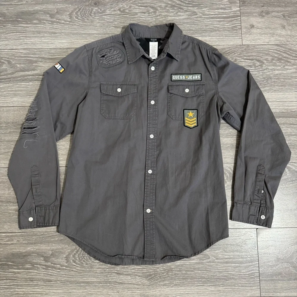 Guess Kids Gray Patched Casual Button Down Army Shirt Sturdy Fabric Sz XL Flawed